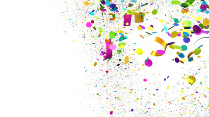 Festive image of colorful confetti and ribbons falling on white background, perfect for party invitations or celebratory designs.