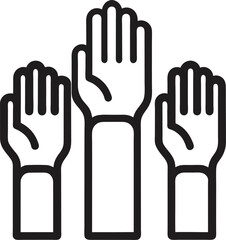 Obraz premium Three raised hands representing voting or participation, line art vector illustration on transparent background.