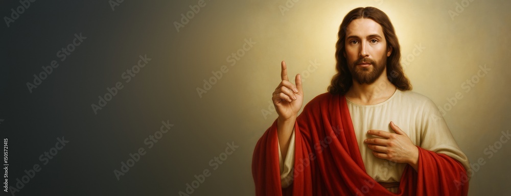 Poster religious figure with halo and red robe on soft light background, space on left side for copy or des