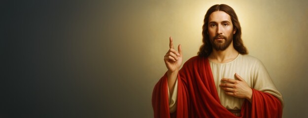 Religious figure with halo and red robe on soft light background, space on left side for copy or design template in spiritual culture concept.