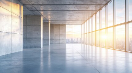 Obraz premium Modern concrete hall with glowing windows, embodying simplicity and clean minimalism in architectural design.