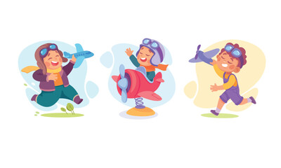 Joyful children are pretending to soar through the sky while playing with colorful airplanes