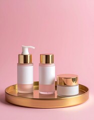 a product shot of cosmetic containers with white labels on a gold tray, display cosmetics, bottle cosmetics