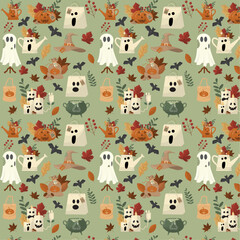 Obraz premium Seamless Halloween pattern with cute ghosts pumpkins autumn leaves and witch elements. Festive repeating background design perfect for wrapping paper textile and seasonal decoration projects. Vector 