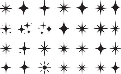 Star and sparkle icon set. Diverse star shapes for design, decoration, and celestial themes. sparkling star for logos, icons, and illustrations