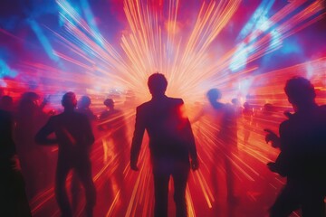Nightclub party crowd under colorful laser lights