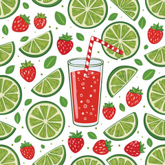 Strawberry-Lime Juice Vector Illustration with Seamless Pattern Design
