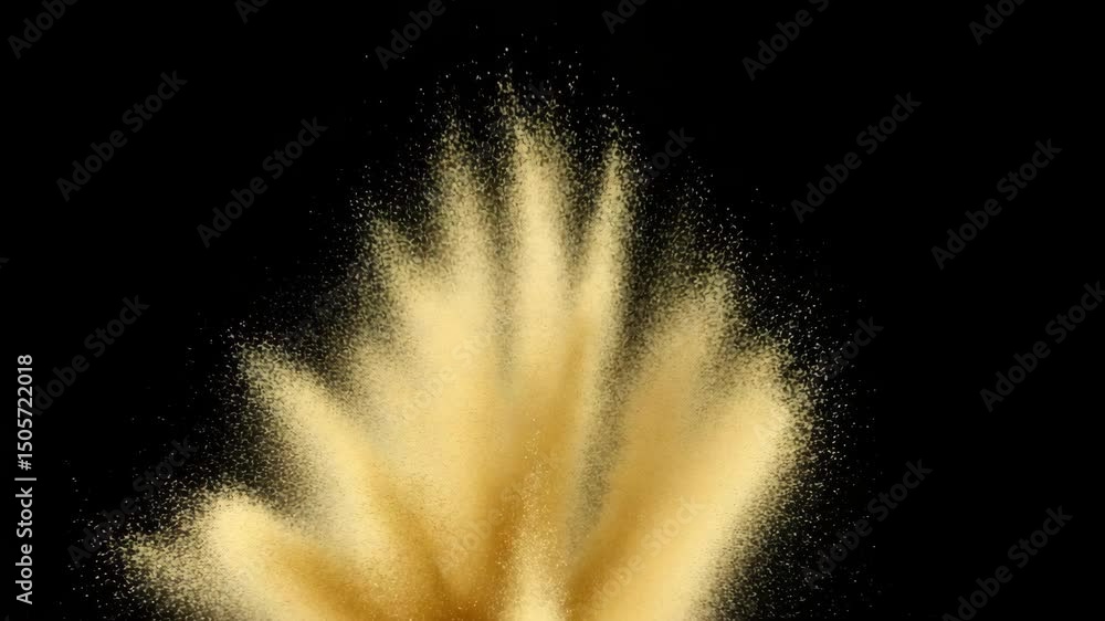 Poster gold powder explosion on black background in slow motion, luxury dust burst with soft particles spre