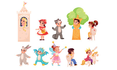 Characters from the realm of fantasy dressed in playful costumes and vibrant settings