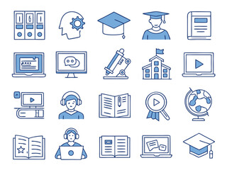 Flat Line Icons Collection – E-Learning & Education (Blue Minimal Theme)