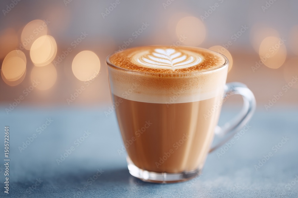 Poster barista expertly steaming milk creating flawless rosetta design in cappuccino on clear service count