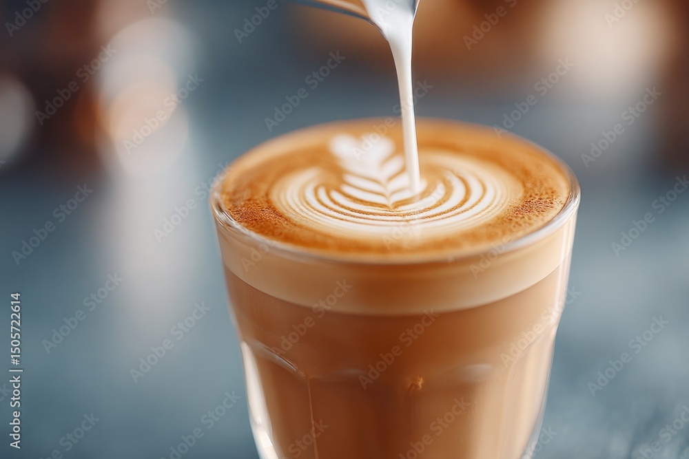 Poster barista expertly steaming milk creating flawless rosetta design in cappuccino on clear service count