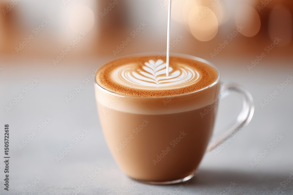 Poster barista expertly steaming milk creating flawless rosetta design in cappuccino on clear service count