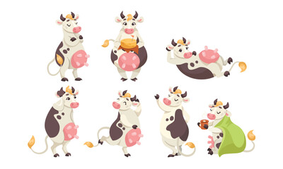 Naklejka premium Cheerful and Adorable Cartoon Cows Depicted in Various Fun Poses and Engaging Activities