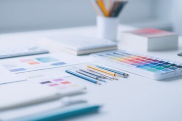 close-up of graphic designer desk showcasing neatly arranged tools and materials fostering creativity