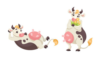 Obraz premium Adorable and Cute Cartoon Cows with Colorful Flowers in Playful and Cheerful Poses
