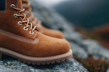 close-up of hiking boots on rocky trail rich texture and natural patterns