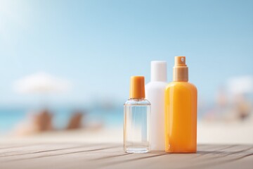 collection of sunscreen bottles arranged on sun-drenched beach emphasizing sun protection with ample natural light