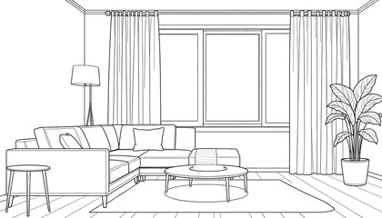 Fototapeta premium Interior with bedroom in outline style.