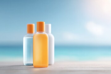collection of sunscreen bottles arranged on sun-drenched beach emphasizing sun protection with ample natural light