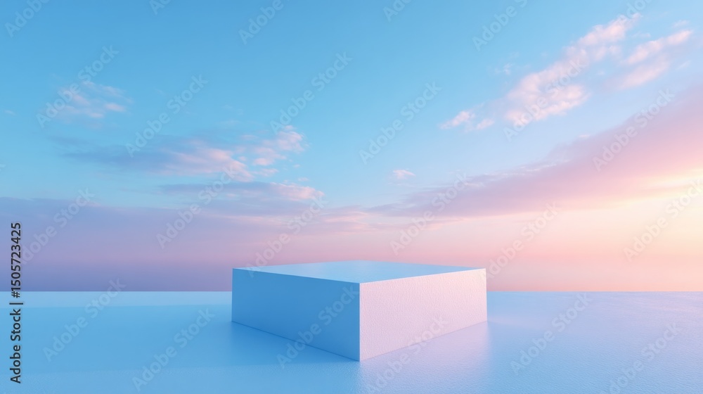 Poster floating empty podium centers frame against soft sky backdrop focus on minimalistic design