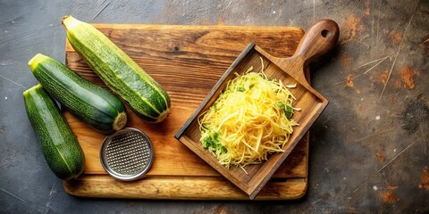 Freshly grated zucchini noodles on a wooden cutting board with a grater and whole zucchini beside