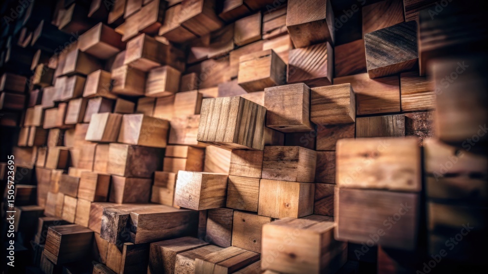 Poster a captivating close-up of a wall composed entirely of wooden blocks, showcasing intricate grain patt