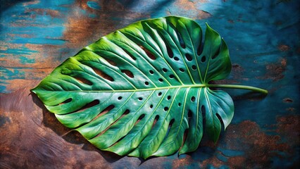 A Single Monstera Leaf with a Detailed Veined Pattern on a Blue and Brown Textured Surface