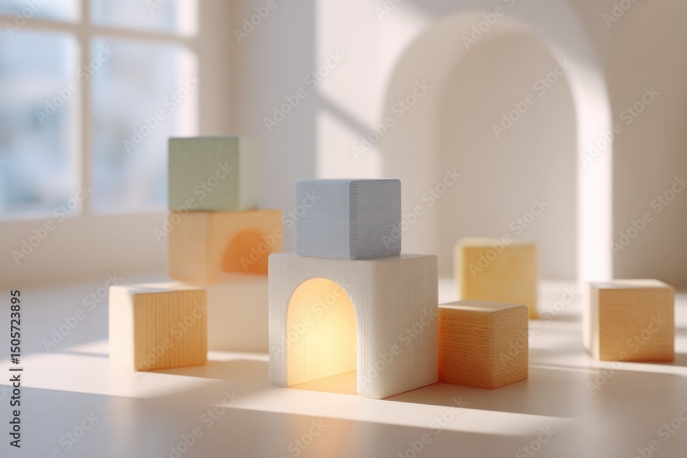 Poster minimalist classroom setting with wooden toys and blocks scattered on light floor emphasizing simpli