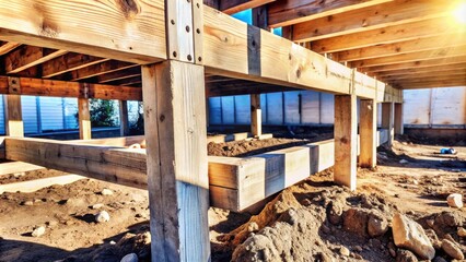 Wooden beams and supports create a foundation for a new structure, casting long shadows across the bare earth