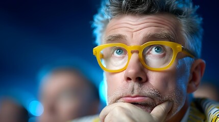 Thoughtful man in yellow glasses contemplating an idea