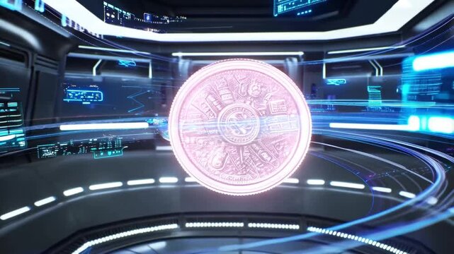 A mysterious coin spinning in the air surrounded by binary code and circuit patterns, sci-fi style background