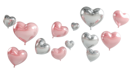  Title 3D Render of Flying Pink Icon with Silver Hearts Isolated on White Background