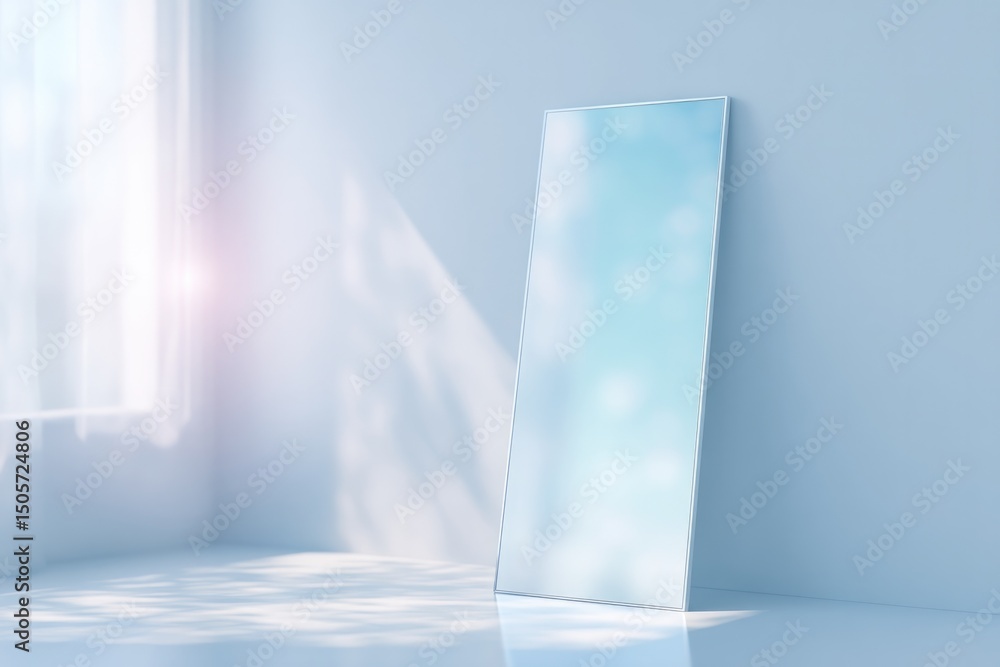 Poster serene image of single elegant mirror leaning against plain wall offering tranquil reflections on it