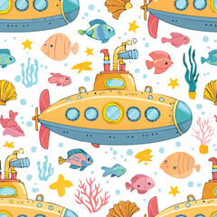 Submarine Vector Illustration with Seamless Pattern Design