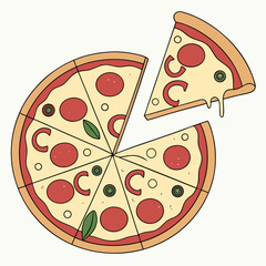 High-quality food illustration showing a top-down view of a pizza with one slice removed, perfect for restaurant branding and digital food content 