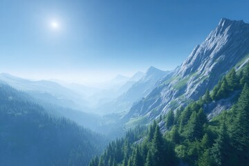 Fototapeta premium stunning 3d illustration of mountain peaks with soft blue sky and misty horizon expansive and serene