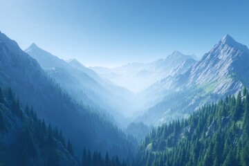 Fototapeta premium stunning 3d illustration of mountain peaks with soft blue sky and misty horizon expansive and serene