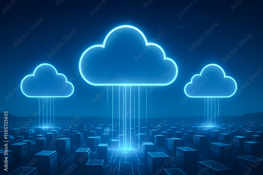 Poster futuristic representation of cloud computing, featuring glowing blue clouds raining data over a digi