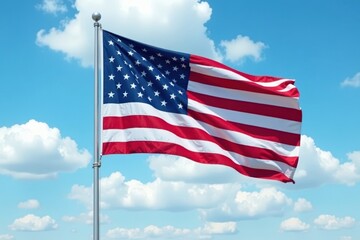 Obraz premium Cloudy sky behind an American flag blowing freely in the breeze with blue and white clouds visible on the horizon, wind, patriotic