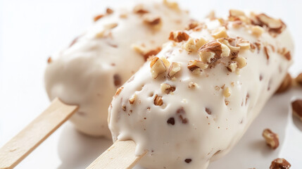 Ice cream on wooden sticks with a white chocolate coating and a milk chocolate and nut frosting. On a white background, isolate 