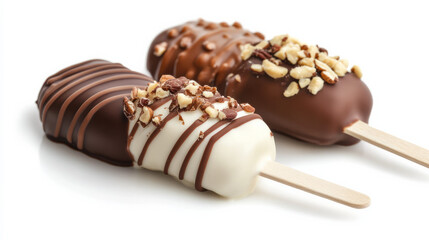 Ice cream on wooden sticks with a white chocolate coating and a milk chocolate and nut frosting. On a white background, isolate 