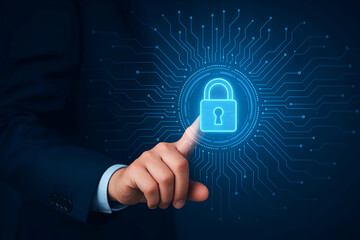 A business professional interacts with a digital lock symbol, representing cybersecurity and data protection
