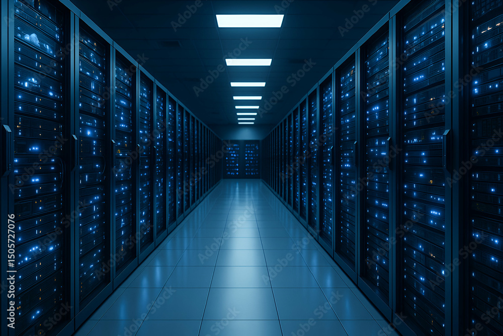 Poster a mesmerizing view of a modern data center, featuring rows of server racks illuminated by blue led l