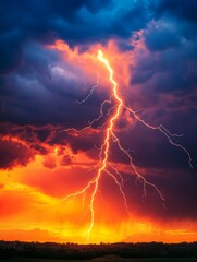 Fiery Sunset Bolt - Dramatic sunset sky, vibrant orange and red hues, powerful lightning strike, nature's raw power, intense energy