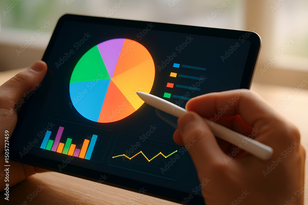 Aufkleber a close-up of hands using a tablet to analyze colorful pie charts and graphs