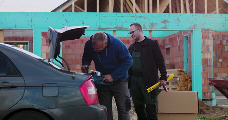Two workers preparing tools at construction site, unloading equipment from car trunk and discussing...