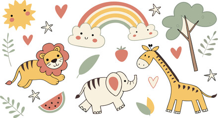 Naklejka premium cute hand drawn doodle vector set,a seamless vector doodle illustration in black and white. love, Natural , firework, cloud, weather, rainbow, snow, heart and creative design vector collection.