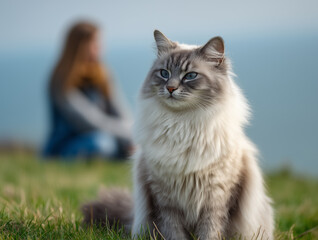 
Grey ragdoll cat with brown hair happy woman sitting on green grass in spring landscape with sea in the background, full-body view in natural light with shallow depth of field, realistic outdoor anim