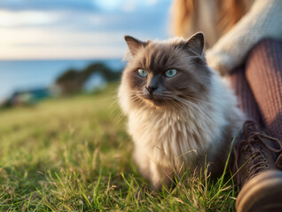 
Grey ragdoll cat with brown hair happy woman sitting on green grass in spring landscape with sea in the background, full-body view in natural light with shallow depth of field, realistic outdoor anim